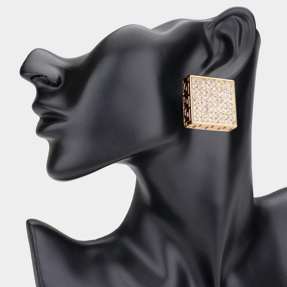 Gold Greek Key Patterned Rhinestone Crystal Square Stud Earrings - Picture 3 of 3